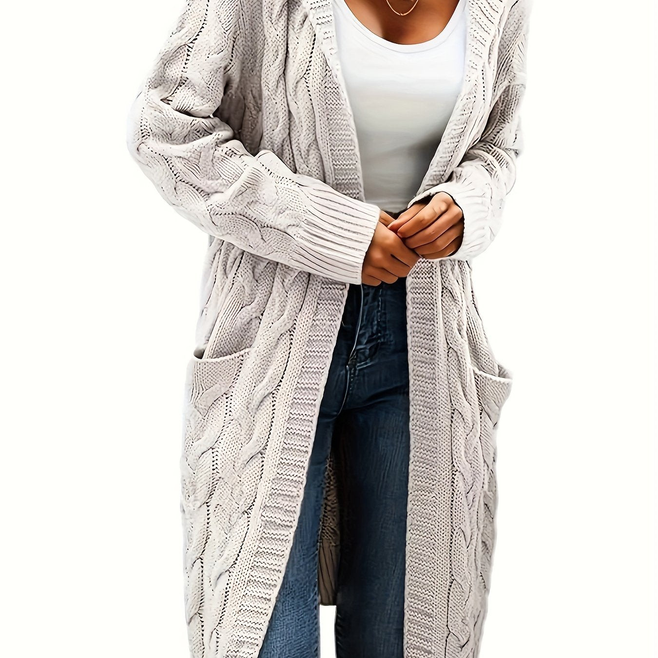 Chic Solid Cable Knit Hooded Cardigan - Cozy Long Sleeve with Practical Pockets, Mid-Length Womens Sweater for Casual Style
