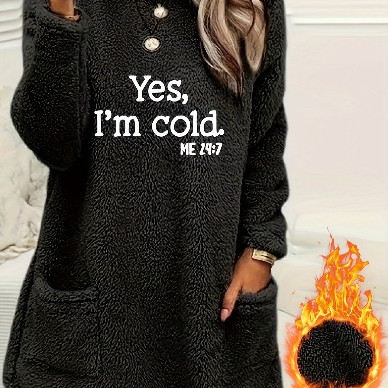 Yes I'm Cold Print Fleece Pullover Sweatshirt, Casual Long Sleeve Crew Neck Sweatshirt With Pockets For Fall & Winter, Women's Clothing