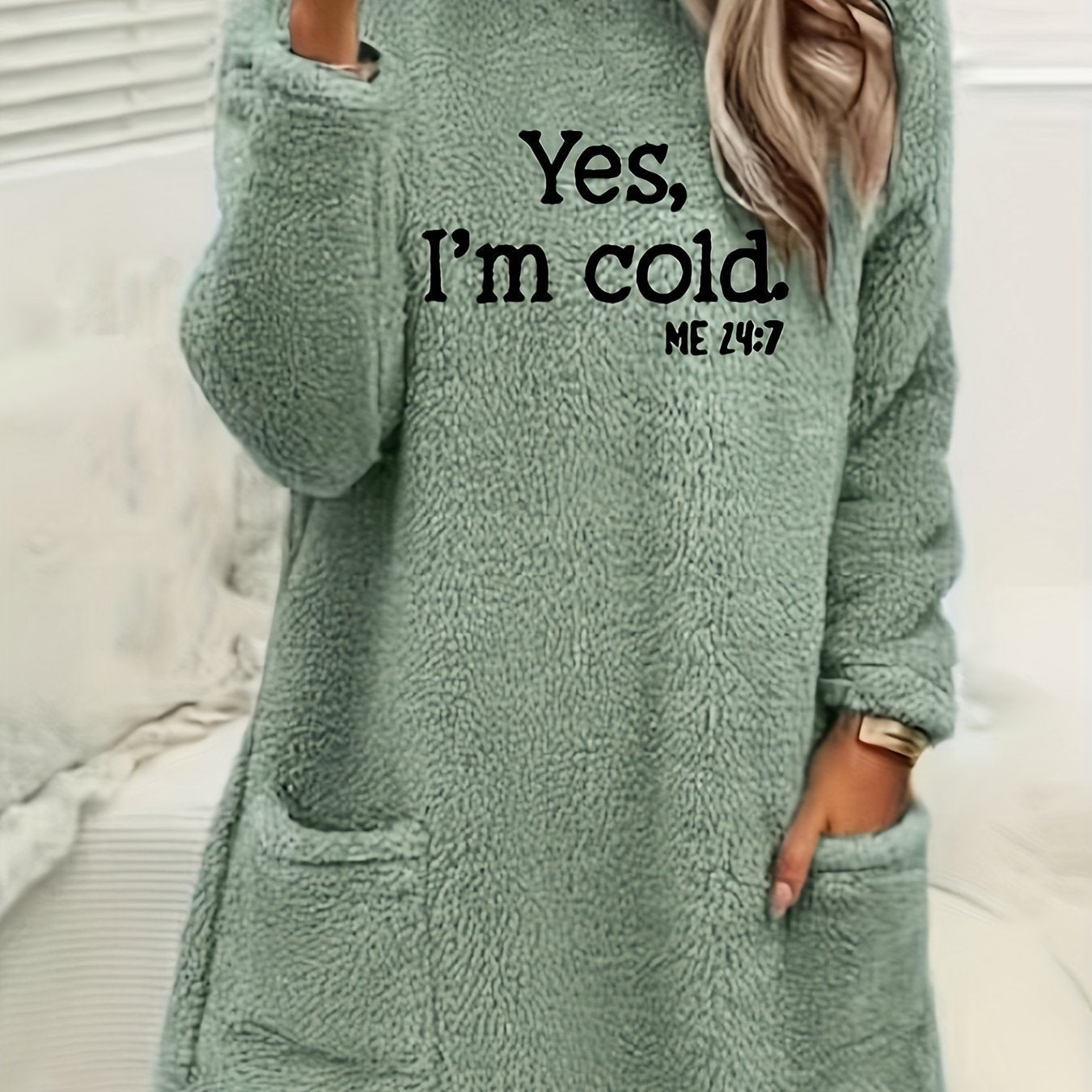 Yes I'm Cold Print Fleece Pullover Sweatshirt, Casual Long Sleeve Crew Neck Sweatshirt With Pockets For Fall & Winter, Women's Clothing