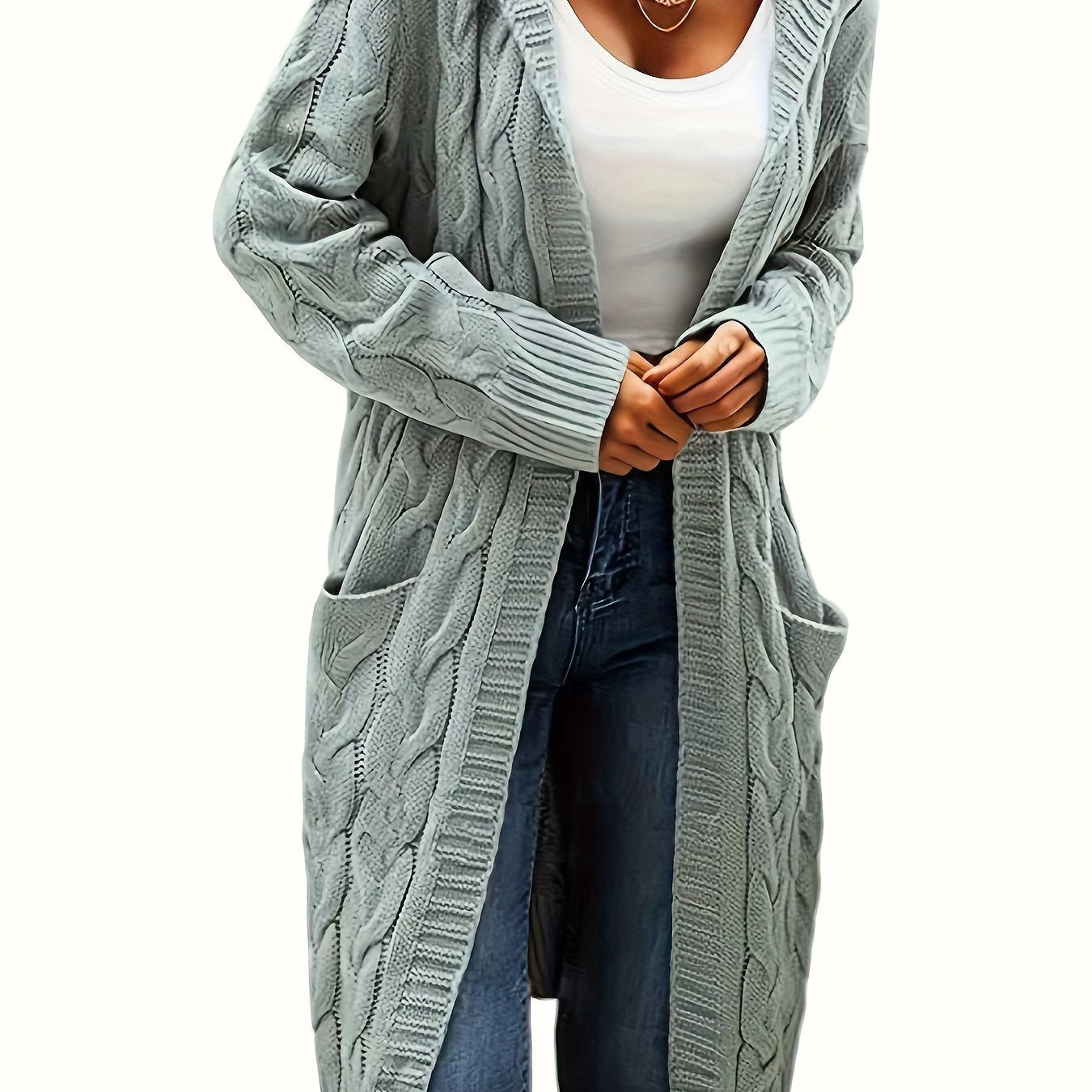 Chic Solid Cable Knit Hooded Cardigan - Cozy Long Sleeve with Practical Pockets, Mid-Length Womens Sweater for Casual Style