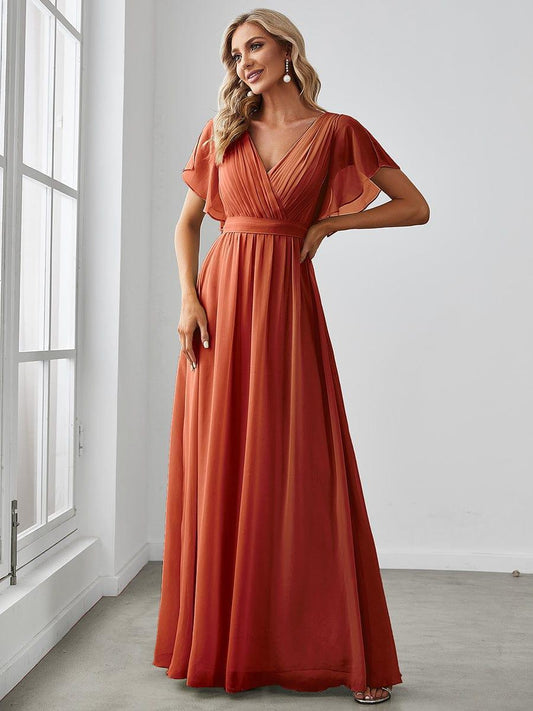 ever LEORA|V-Neck Flutter Sleeve Floor-Length A-Line Chiffon Evening Dress