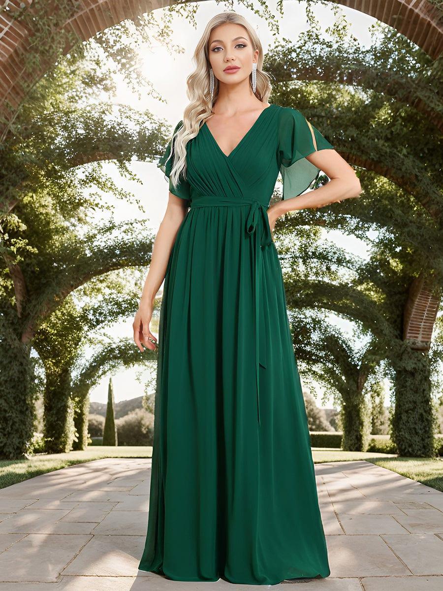 ever LEORA|V-Neck Flutter Sleeve Floor-Length A-Line Chiffon Evening Dress