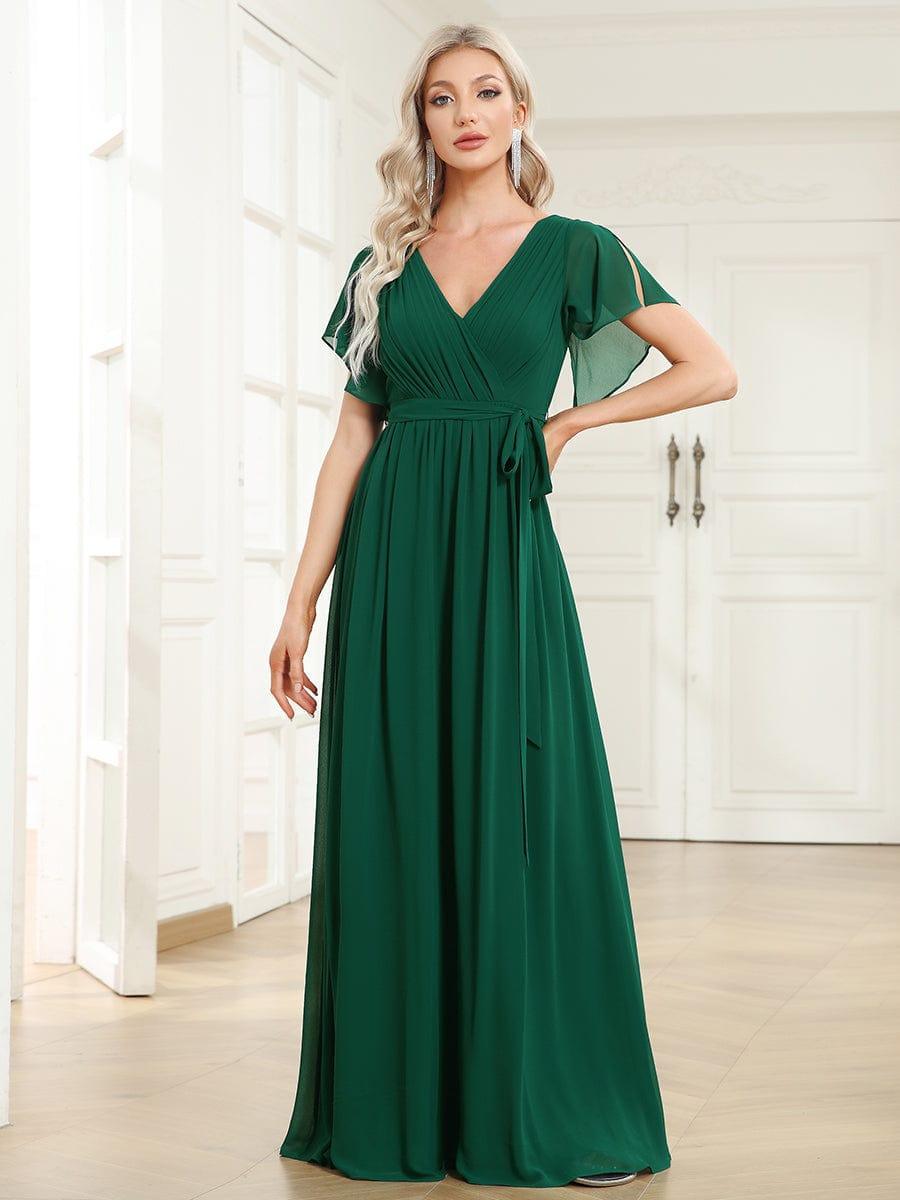 ever LEORA|V-Neck Flutter Sleeve Floor-Length A-Line Chiffon Evening Dress