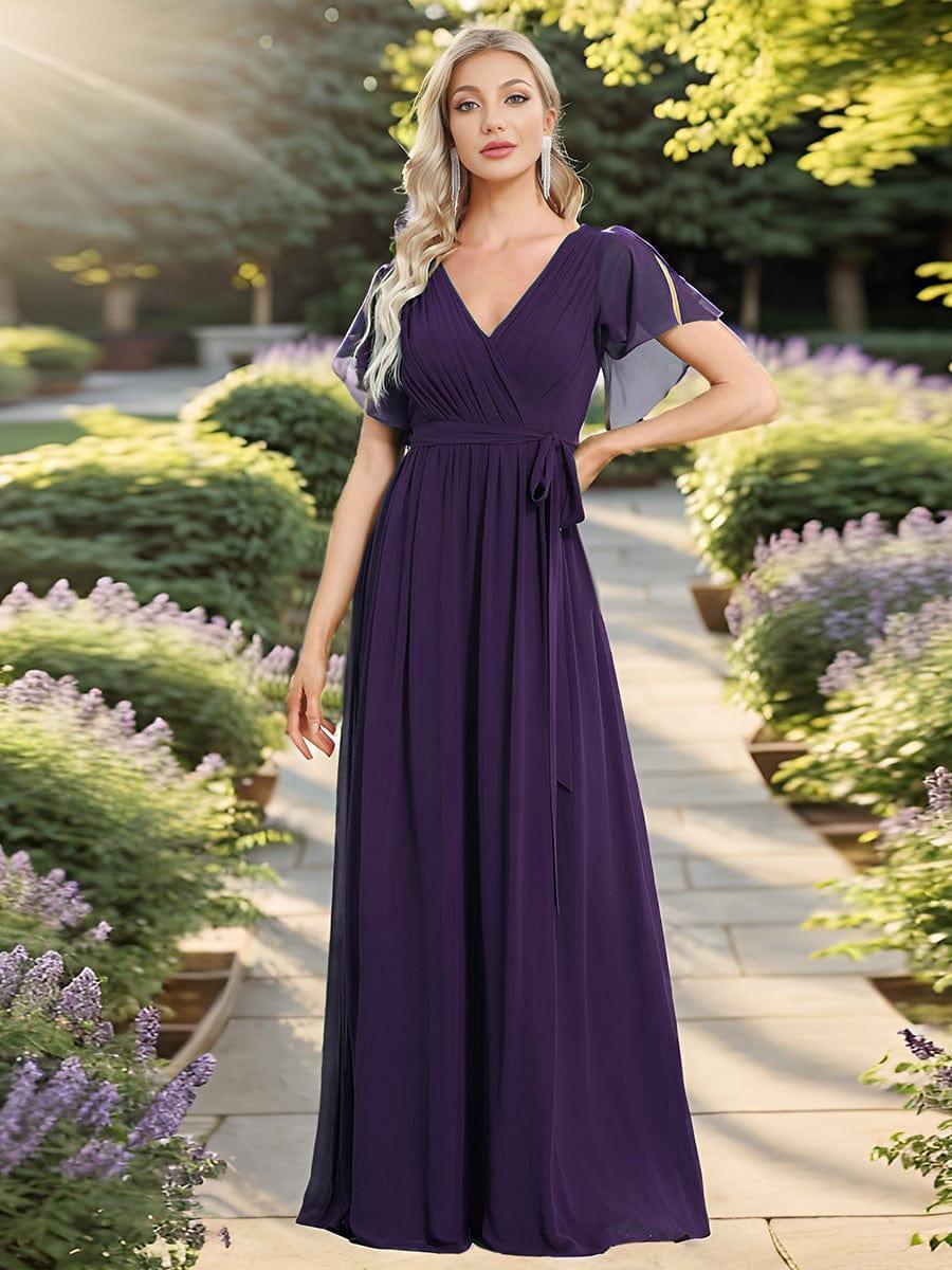ever LEORA|V-Neck Flutter Sleeve Floor-Length A-Line Chiffon Evening Dress