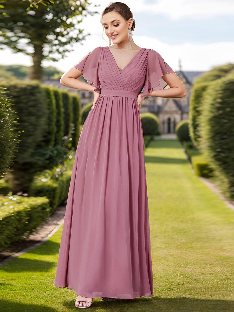 ever LEORA|V-Neck Flutter Sleeve Floor-Length A-Line Chiffon Evening Dress