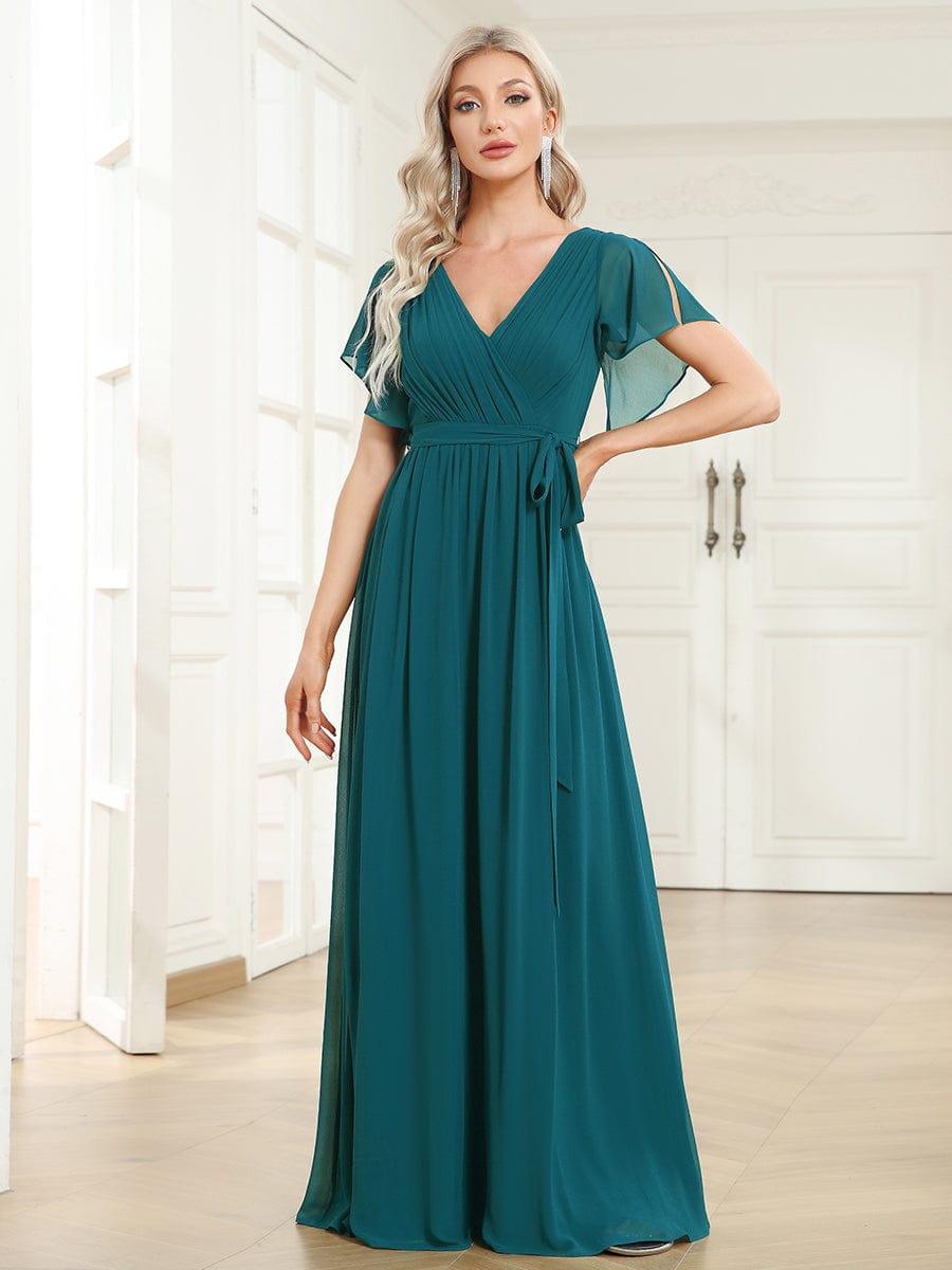 ever LEORA|V-Neck Flutter Sleeve Floor-Length A-Line Chiffon Evening Dress