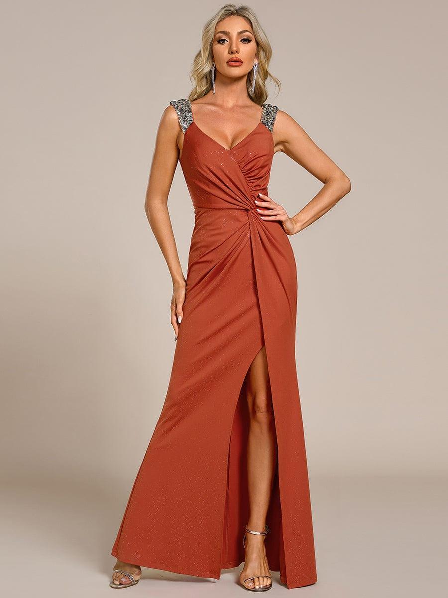 ever NOIRE|Elegant Sequin V Neck High Slit Evening Dress