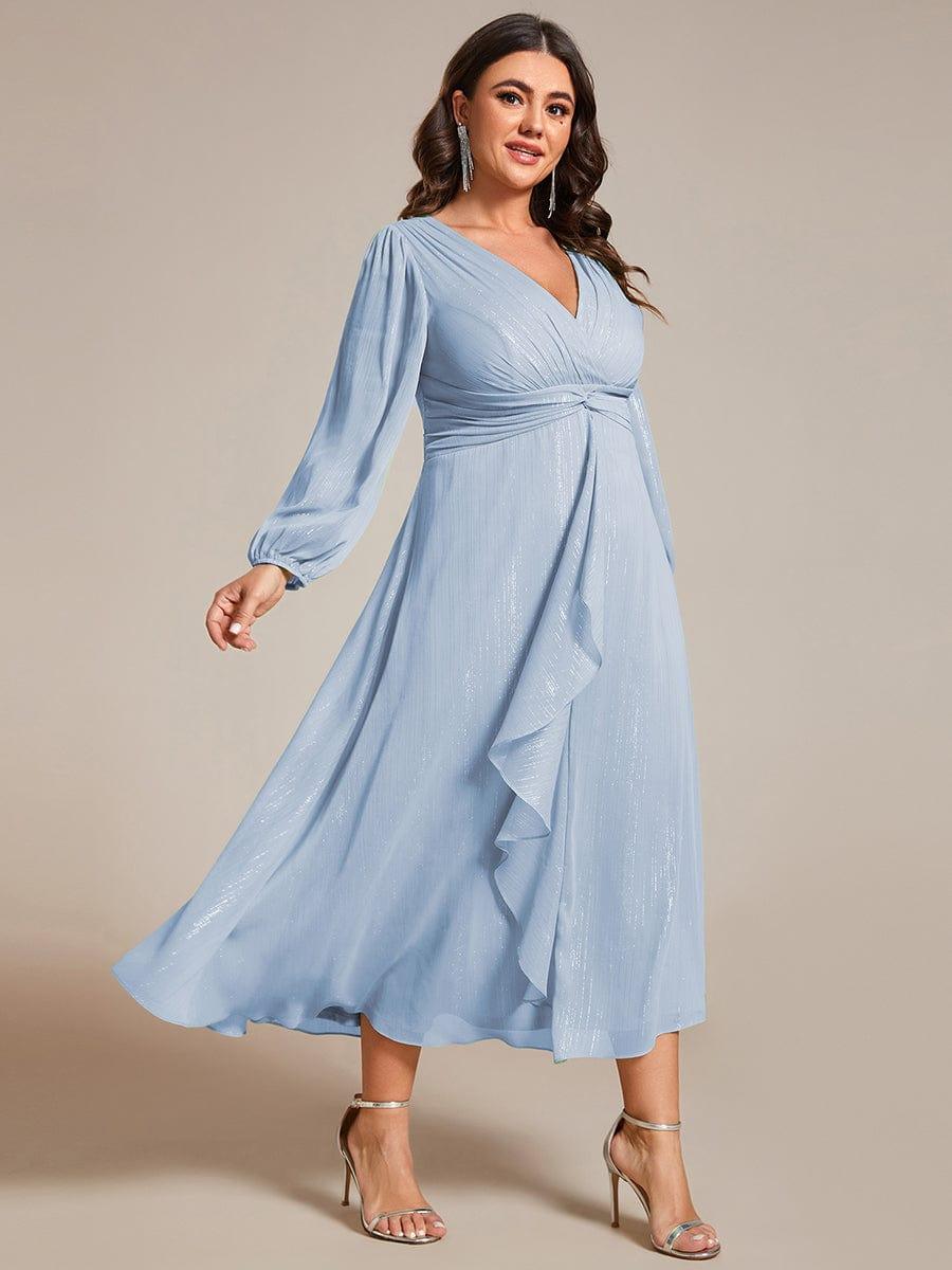 ever EMBER|Shimmering Long Sleeve V-Neck Chiffon Twist Knot A-Line Evening Dress