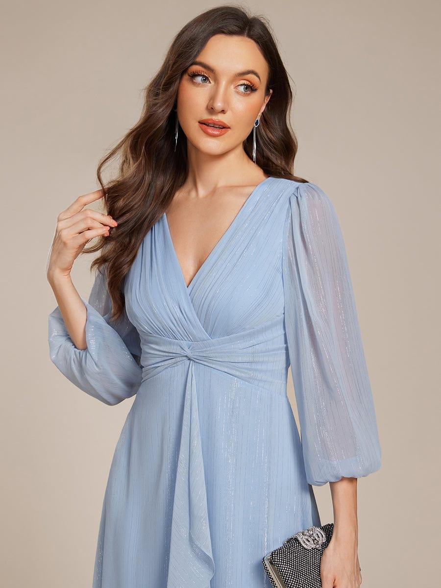 ever EMBER|Shimmering Long Sleeve V-Neck Chiffon Twist Knot A-Line Evening Dress
