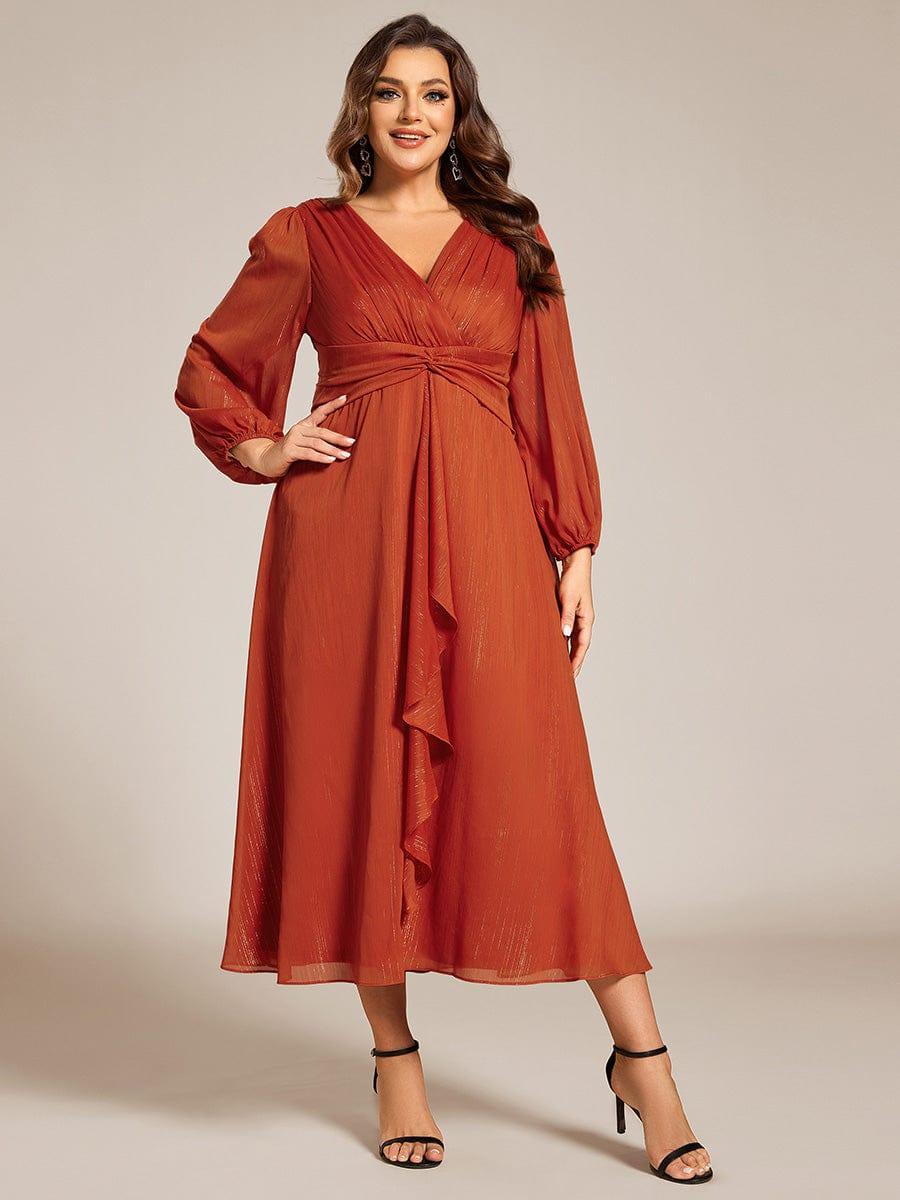 ever EMBER|Shimmering Long Sleeve V-Neck Chiffon Twist Knot A-Line Evening Dress