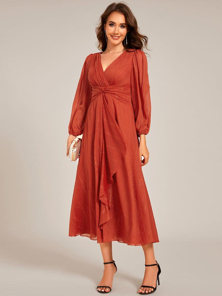 ever EMBER|Shimmering Long Sleeve V-Neck Chiffon Twist Knot A-Line Evening Dress
