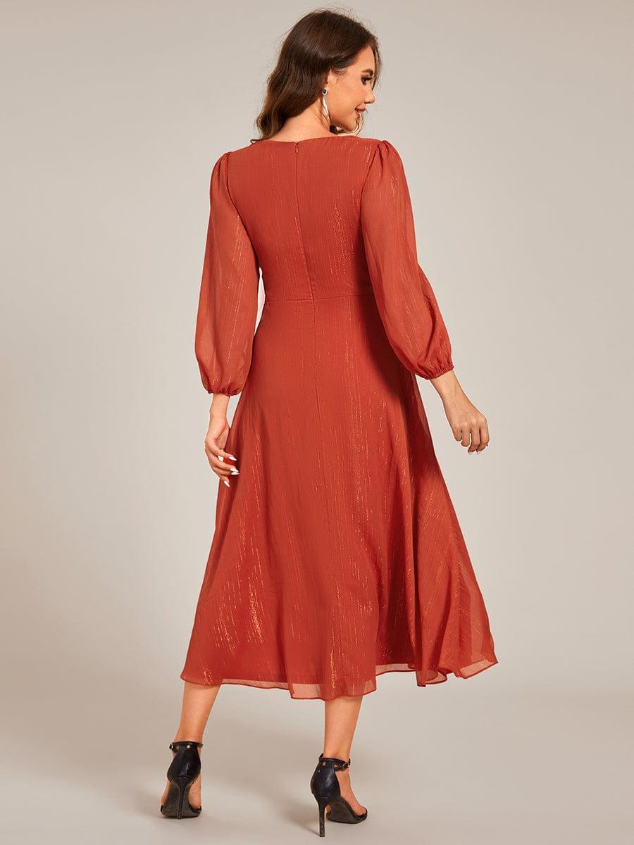ever EMBER|Shimmering Long Sleeve V-Neck Chiffon Twist Knot A-Line Evening Dress