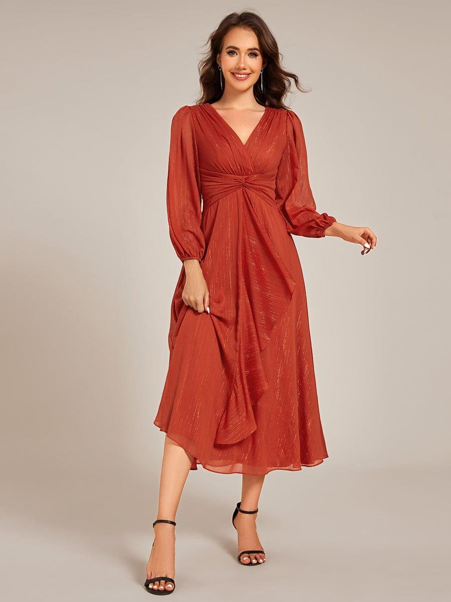 ever EMBER|Shimmering Long Sleeve V-Neck Chiffon Twist Knot A-Line Evening Dress