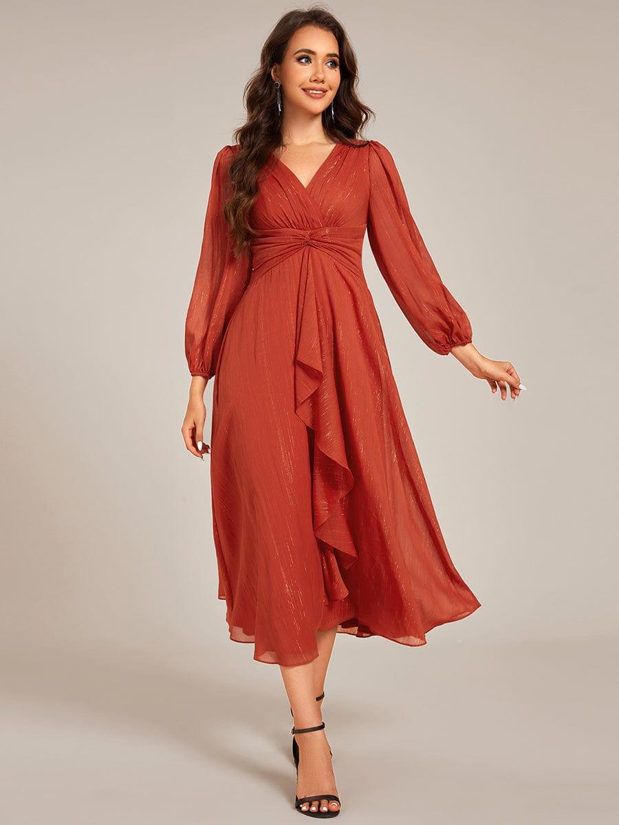 ever EMBER|Shimmering Long Sleeve V-Neck Chiffon Twist Knot A-Line Evening Dress