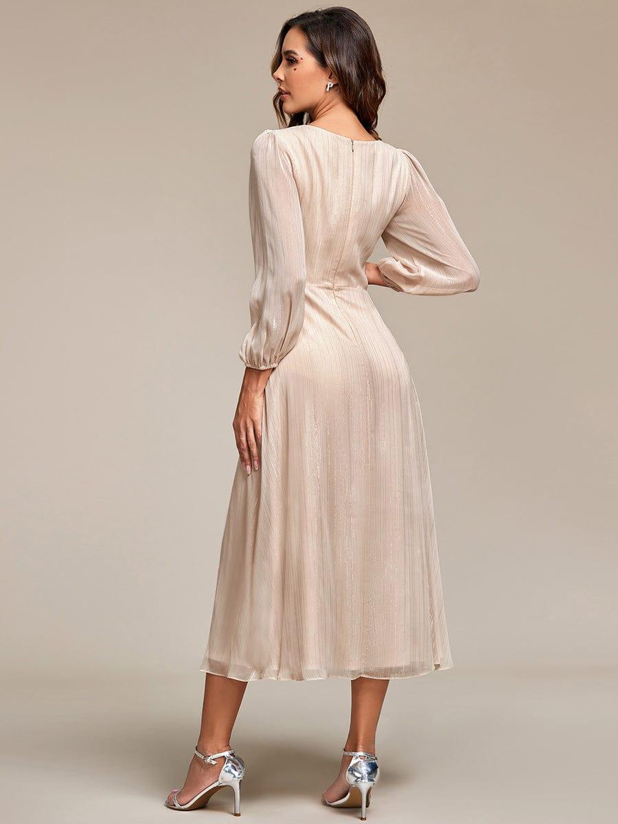 ever EMBER|Shimmering Long Sleeve V-Neck Chiffon Twist Knot A-Line Evening Dress