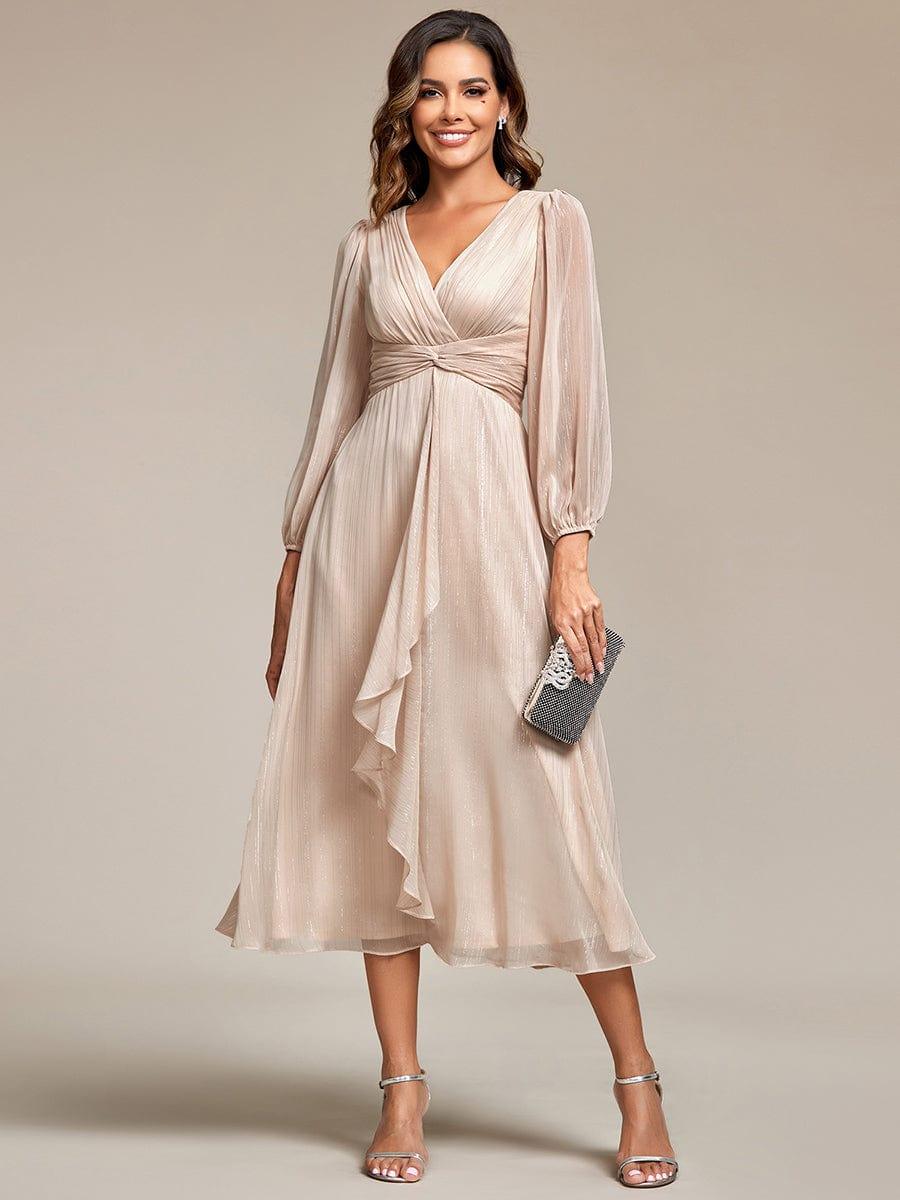 ever EMBER|Shimmering Long Sleeve V-Neck Chiffon Twist Knot A-Line Evening Dress