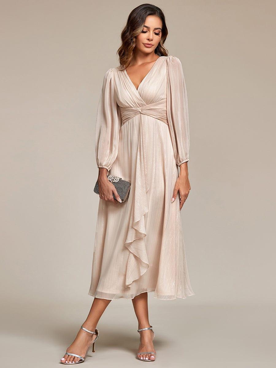 ever EMBER|Shimmering Long Sleeve V-Neck Chiffon Twist Knot A-Line Evening Dress