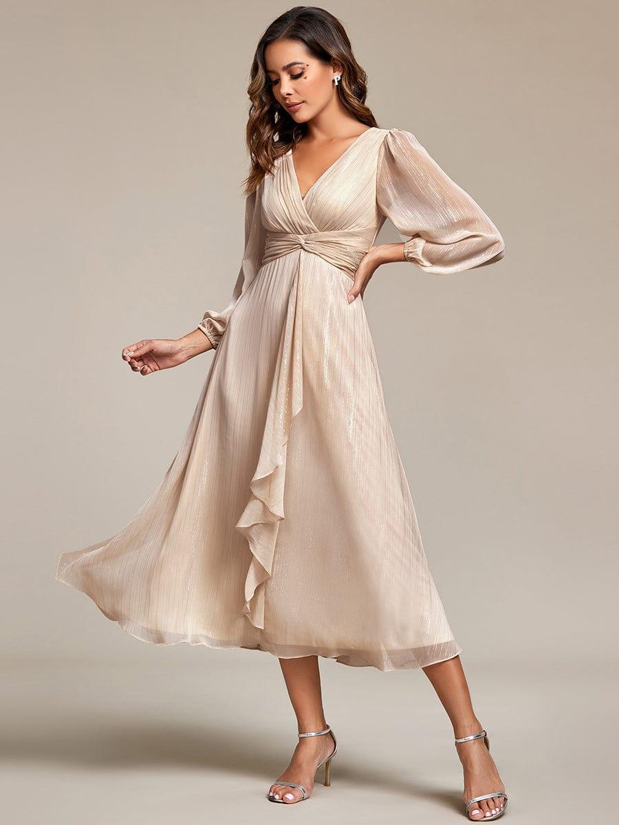 ever EMBER|Shimmering Long Sleeve V-Neck Chiffon Twist Knot A-Line Evening Dress