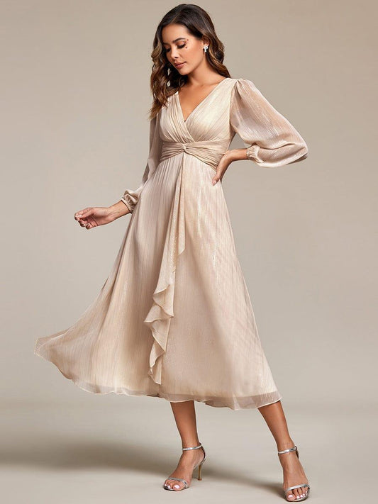 ever EMBER|Shimmering Long Sleeve V-Neck Chiffon Twist Knot A-Line Evening Dress