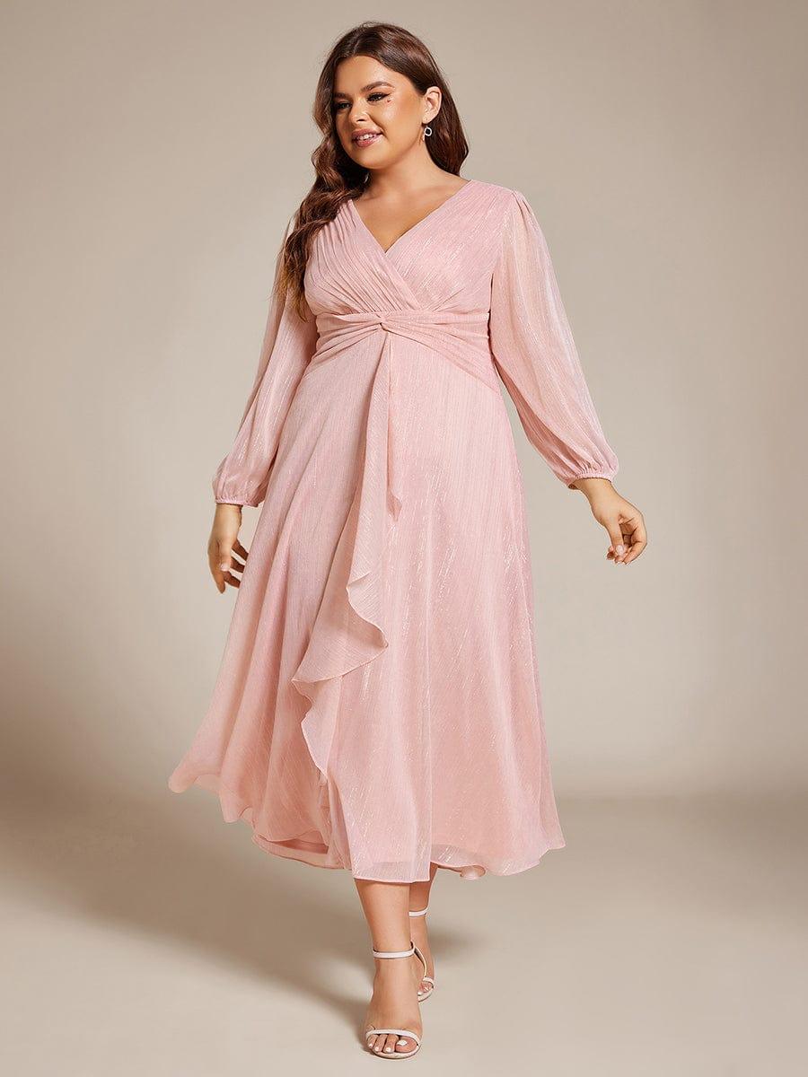 ever EMBER|Shimmering Long Sleeve V-Neck Chiffon Twist Knot A-Line Evening Dress