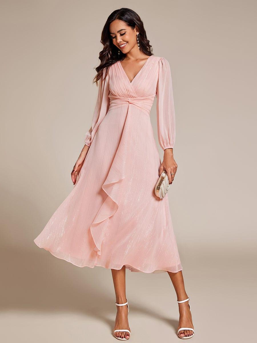 ever EMBER|Shimmering Long Sleeve V-Neck Chiffon Twist Knot A-Line Evening Dress