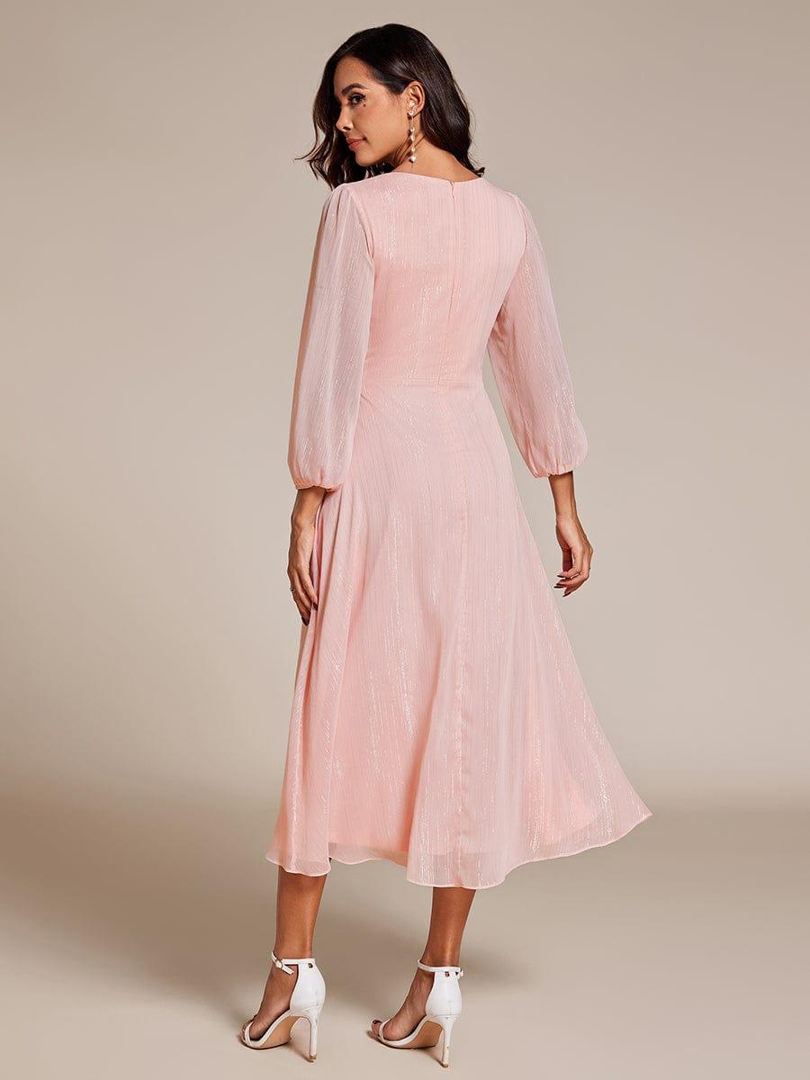 ever EMBER|Shimmering Long Sleeve V-Neck Chiffon Twist Knot A-Line Evening Dress