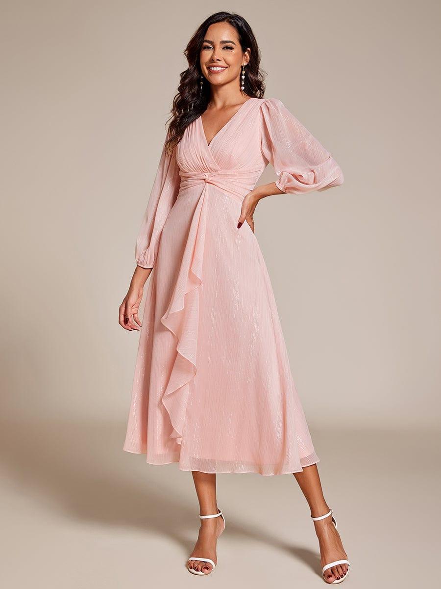 ever EMBER|Shimmering Long Sleeve V-Neck Chiffon Twist Knot A-Line Evening Dress