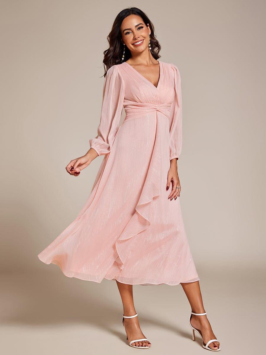 ever EMBER|Shimmering Long Sleeve V-Neck Chiffon Twist Knot A-Line Evening Dress