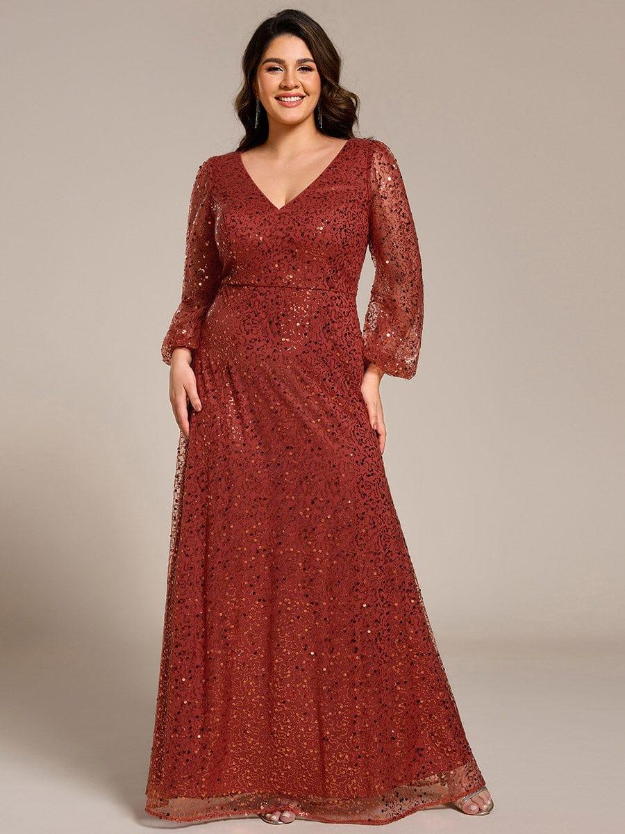 ever RAYVEN|V-Neck Lantern Long Sleeve Sequin A-Line Evening Dress