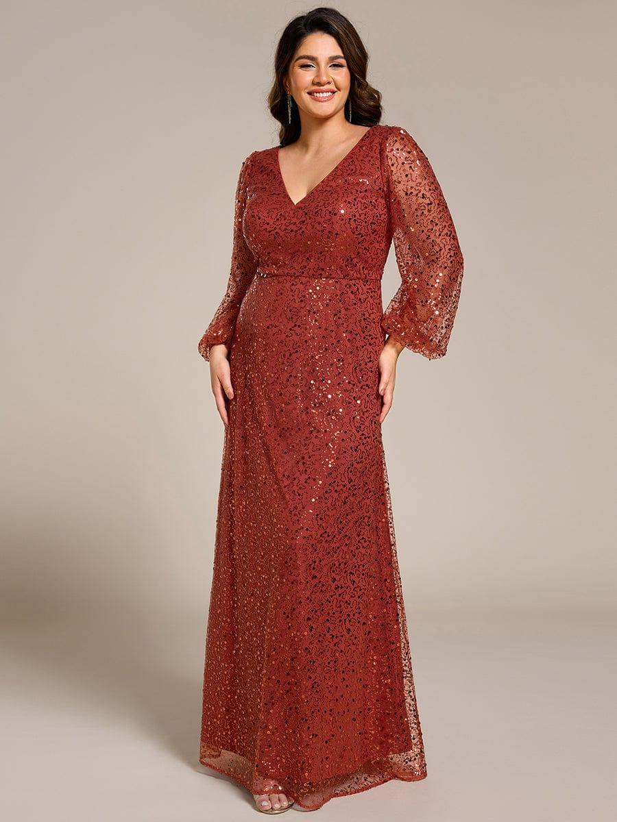 ever RAYVEN|V-Neck Lantern Long Sleeve Sequin A-Line Evening Dress