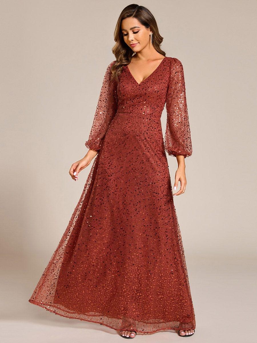 ever RAYVEN|V-Neck Lantern Long Sleeve Sequin A-Line Evening Dress