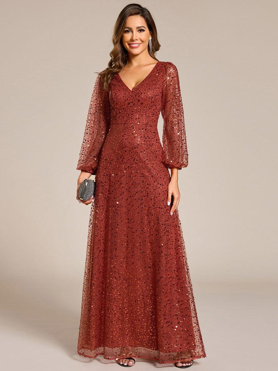 ever RAYVEN|V-Neck Lantern Long Sleeve Sequin A-Line Evening Dress