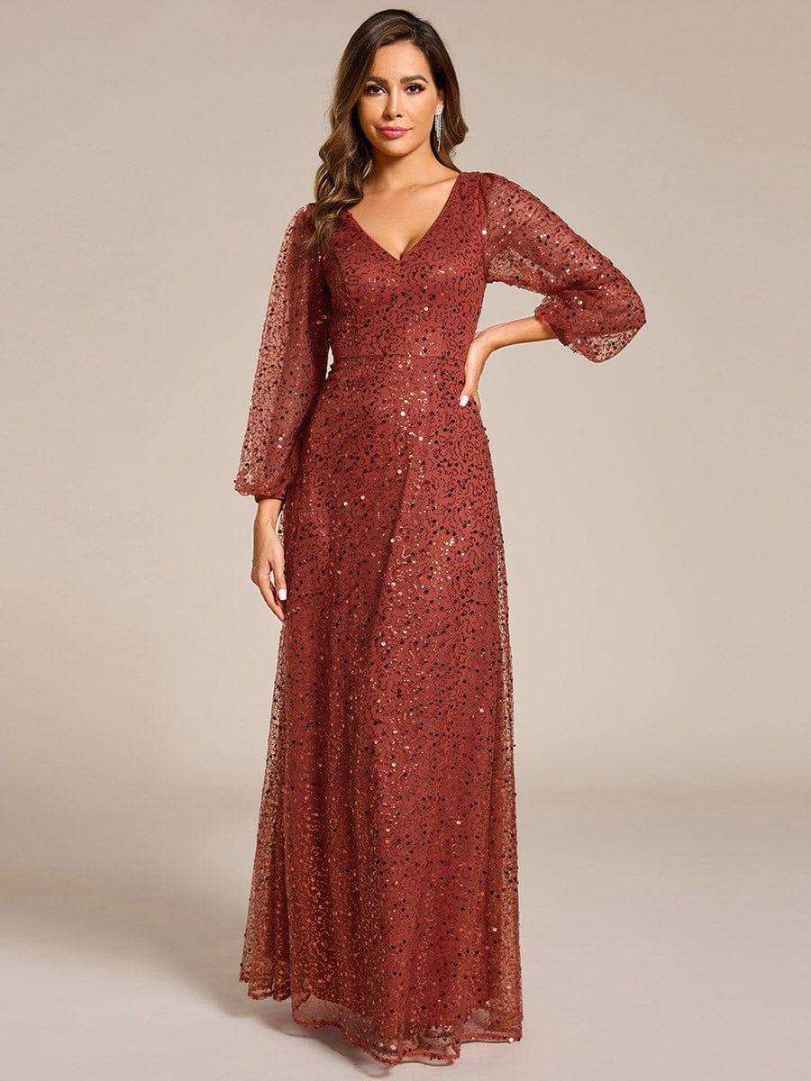 ever RAYVEN|V-Neck Lantern Long Sleeve Sequin A-Line Evening Dress