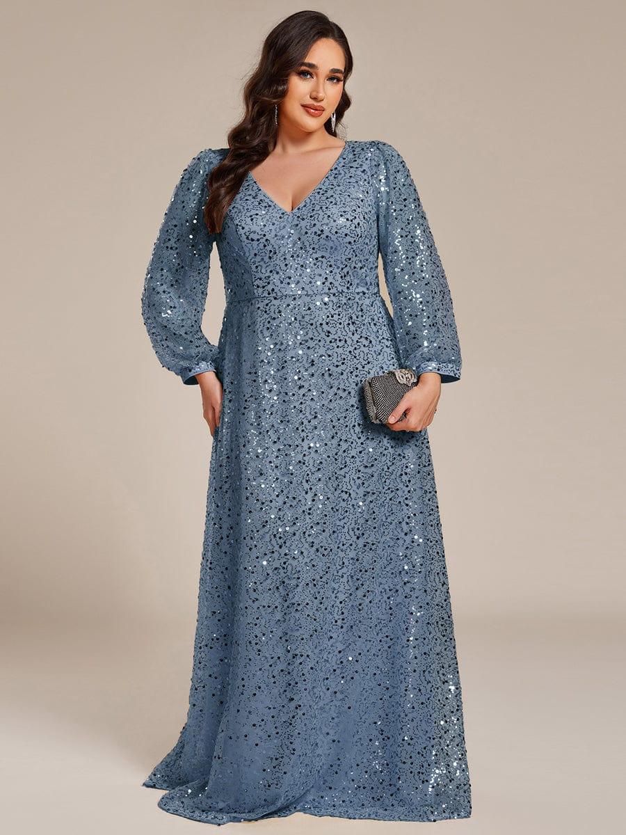 ever RAYVEN|V-Neck Lantern Long Sleeve Sequin A-Line Evening Dress