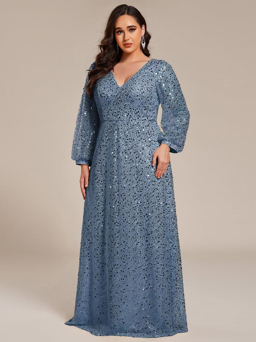 ever RAYVEN|V-Neck Lantern Long Sleeve Sequin A-Line Evening Dress