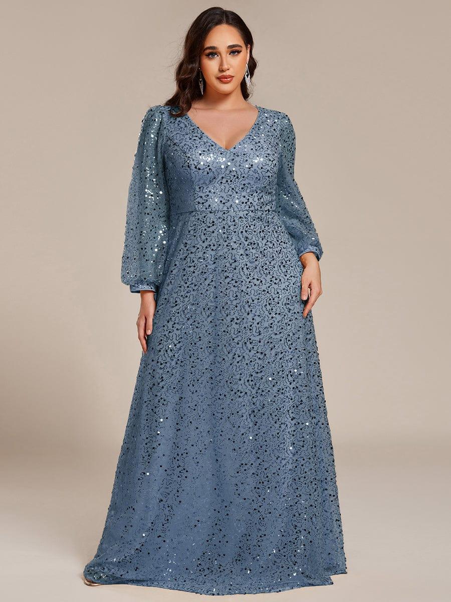 ever RAYVEN|V-Neck Lantern Long Sleeve Sequin A-Line Evening Dress