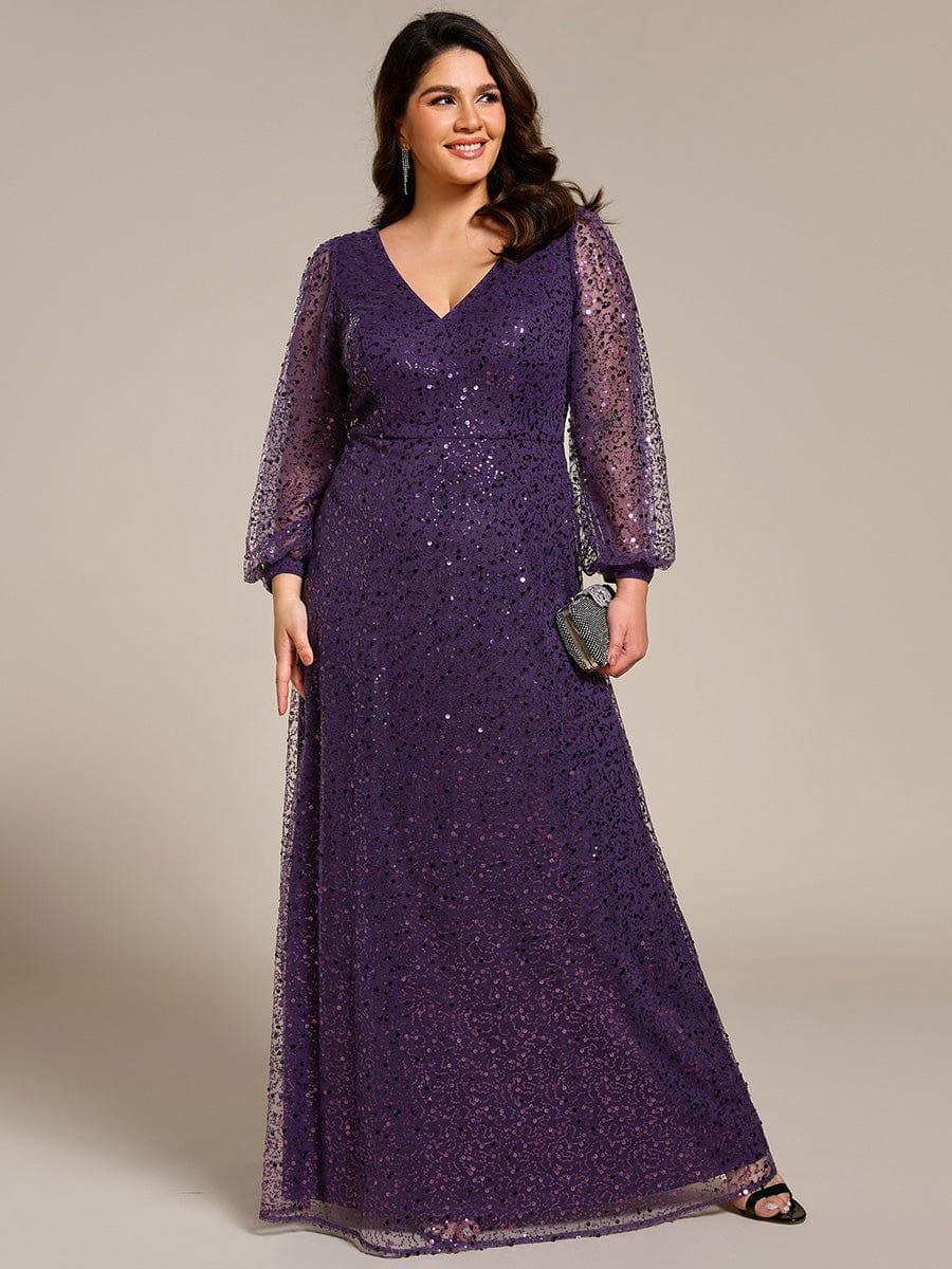 ever RAYVEN|V-Neck Lantern Long Sleeve Sequin A-Line Evening Dress