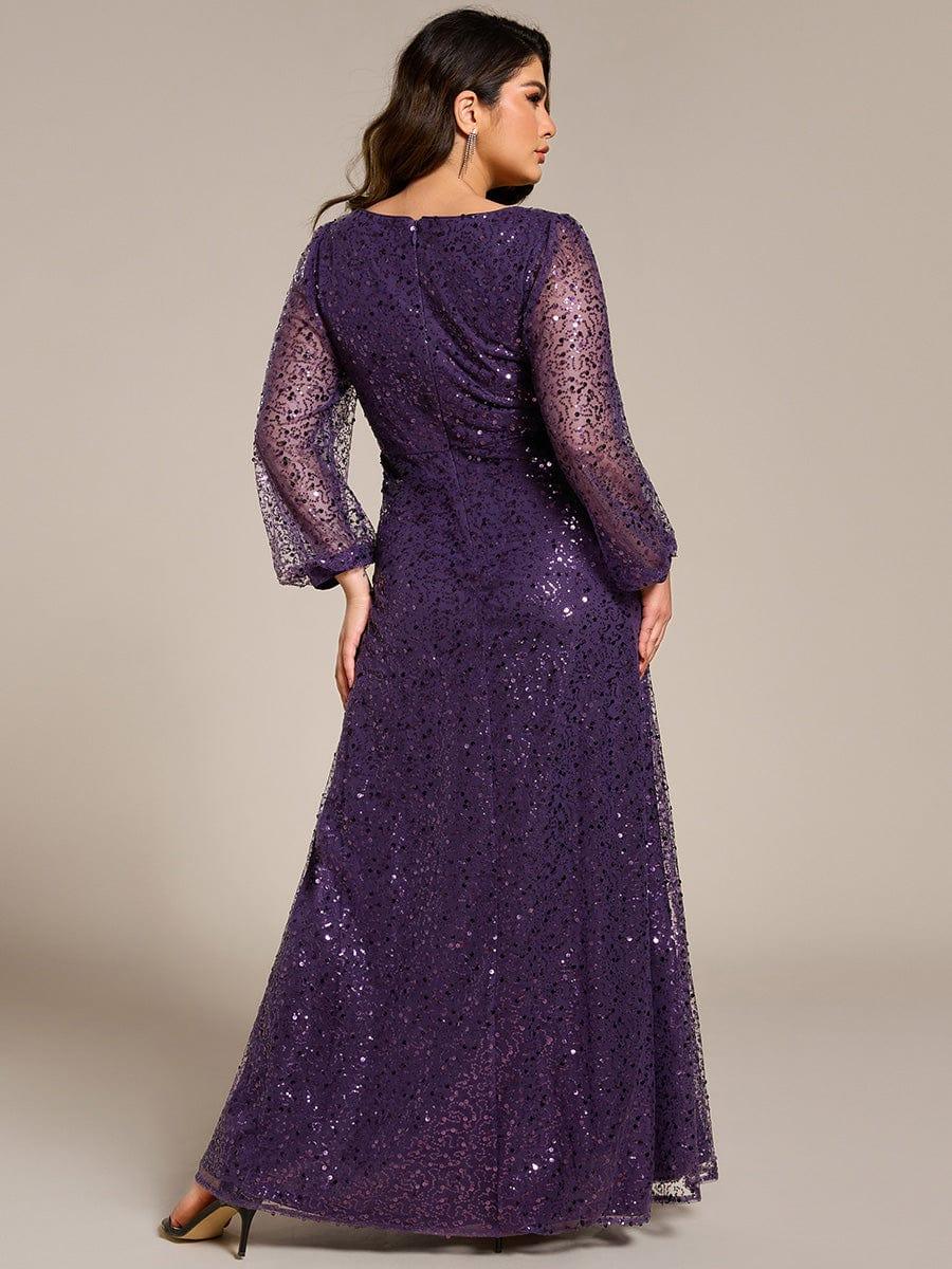 ever RAYVEN|V-Neck Lantern Long Sleeve Sequin A-Line Evening Dress