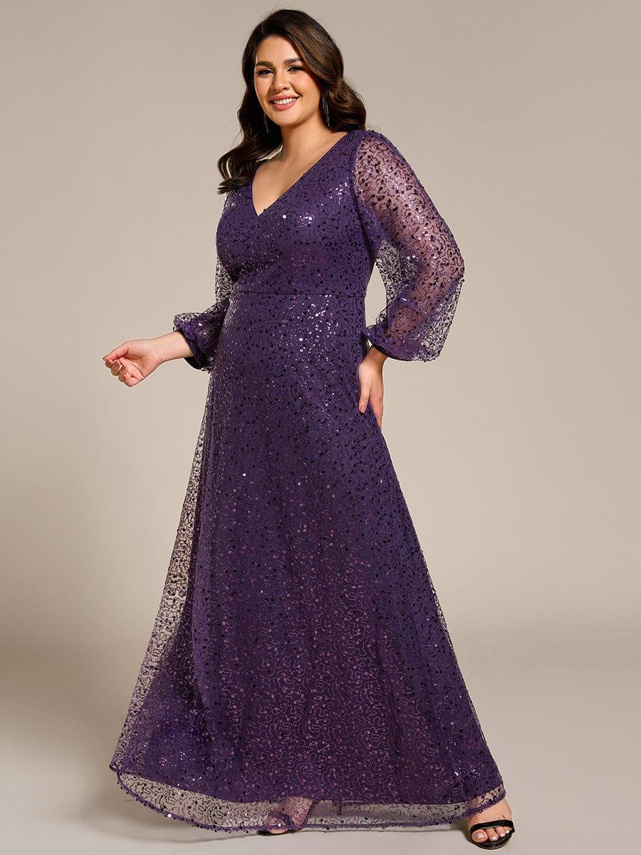 ever RAYVEN|V-Neck Lantern Long Sleeve Sequin A-Line Evening Dress
