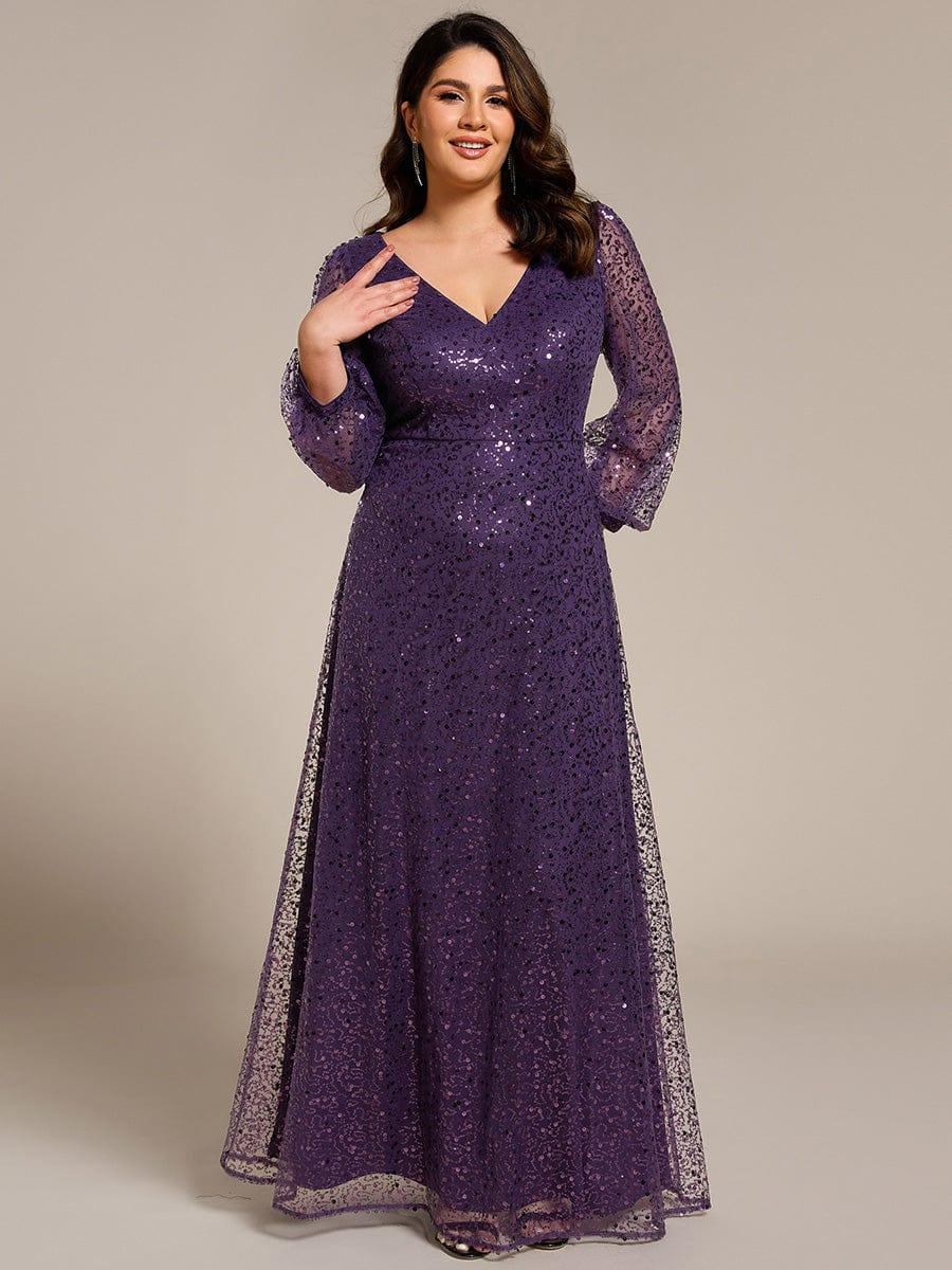ever RAYVEN|V-Neck Lantern Long Sleeve Sequin A-Line Evening Dress