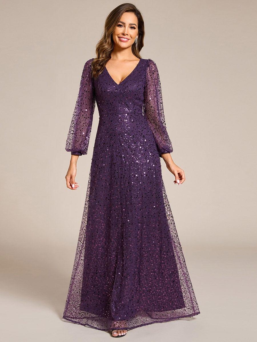 ever RAYVEN|V-Neck Lantern Long Sleeve Sequin A-Line Evening Dress