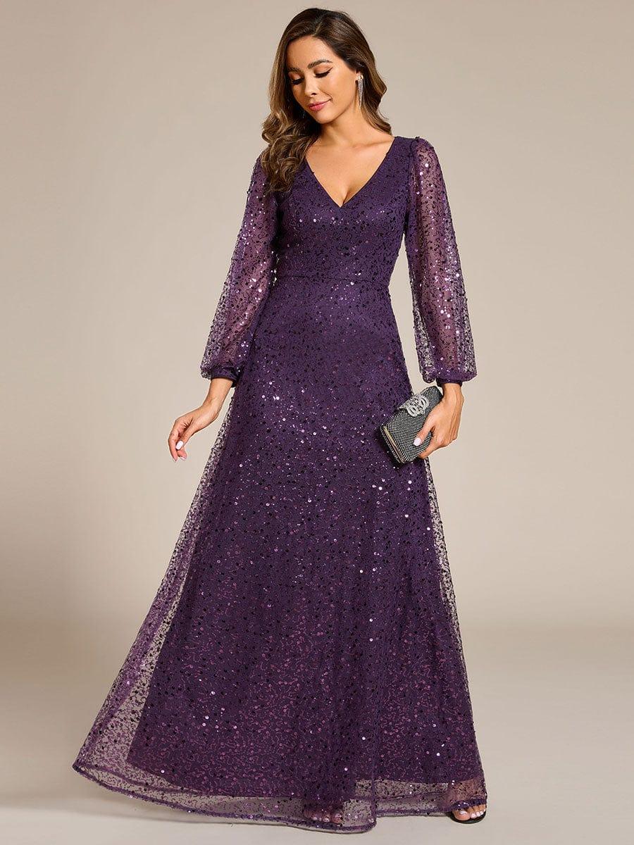 ever RAYVEN|V-Neck Lantern Long Sleeve Sequin A-Line Evening Dress