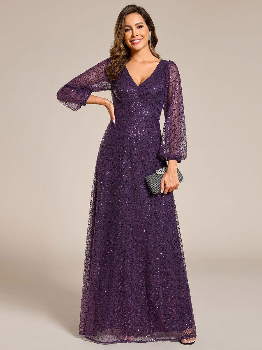 ever RAYVEN|V-Neck Lantern Long Sleeve Sequin A-Line Evening Dress