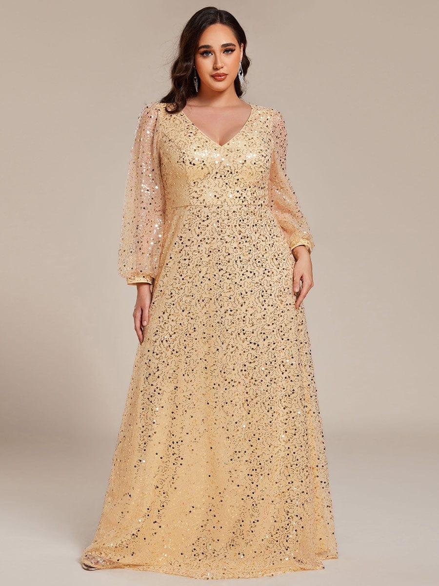 ever RAYVEN|V-Neck Lantern Long Sleeve Sequin A-Line Evening Dress