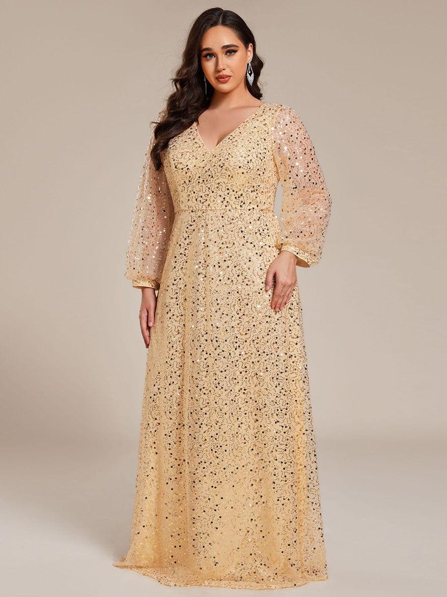 ever RAYVEN|V-Neck Lantern Long Sleeve Sequin A-Line Evening Dress