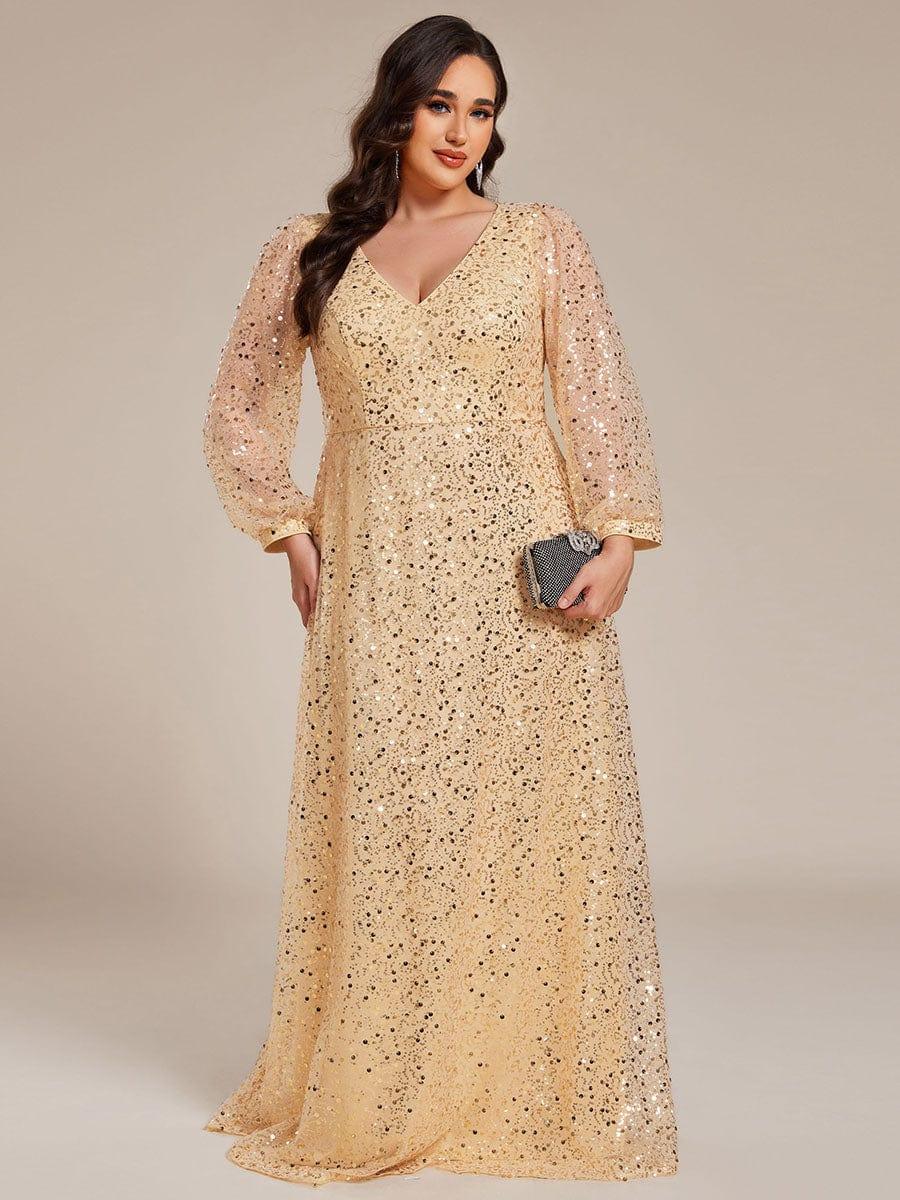 ever RAYVEN|V-Neck Lantern Long Sleeve Sequin A-Line Evening Dress