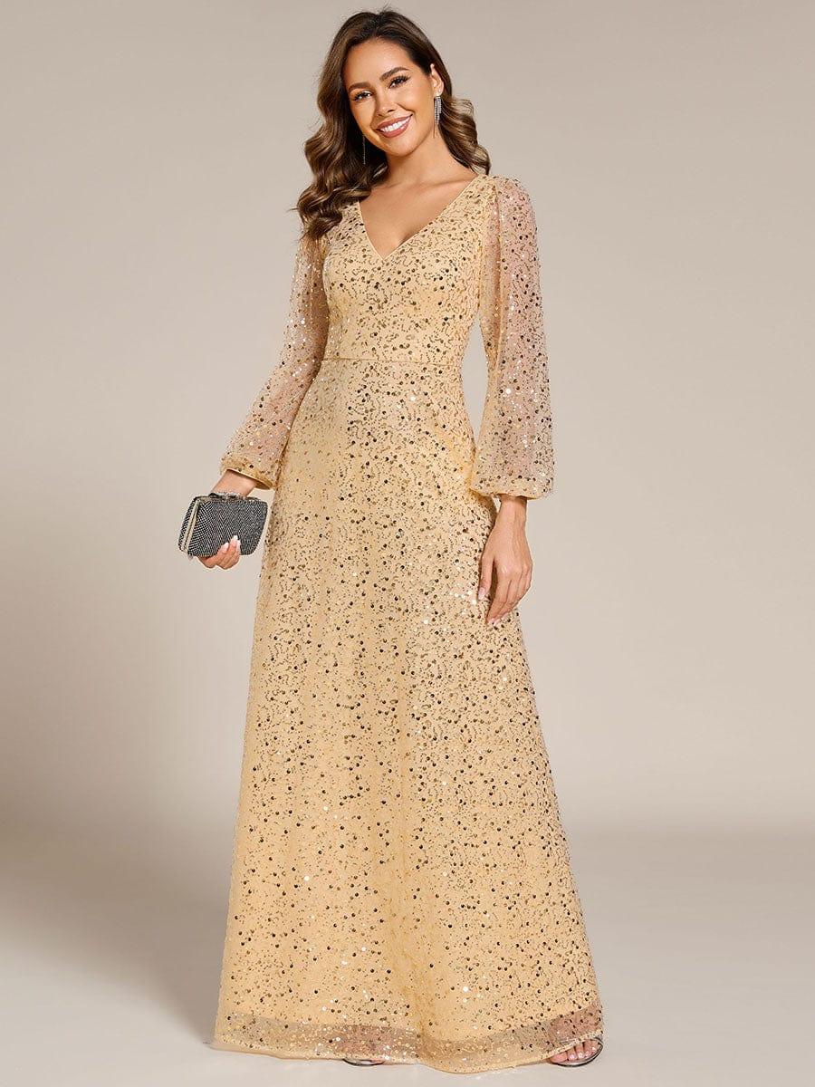 ever RAYVEN|V-Neck Lantern Long Sleeve Sequin A-Line Evening Dress