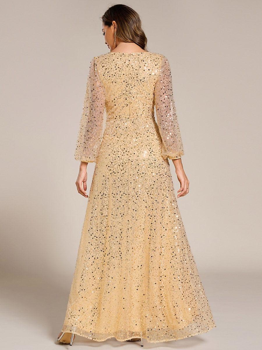 ever RAYVEN|V-Neck Lantern Long Sleeve Sequin A-Line Evening Dress