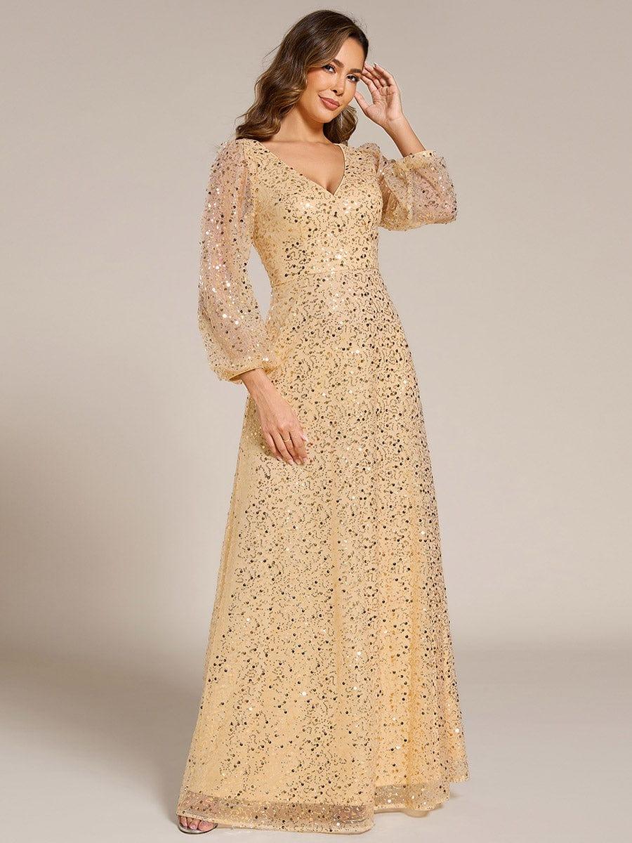 ever RAYVEN|V-Neck Lantern Long Sleeve Sequin A-Line Evening Dress