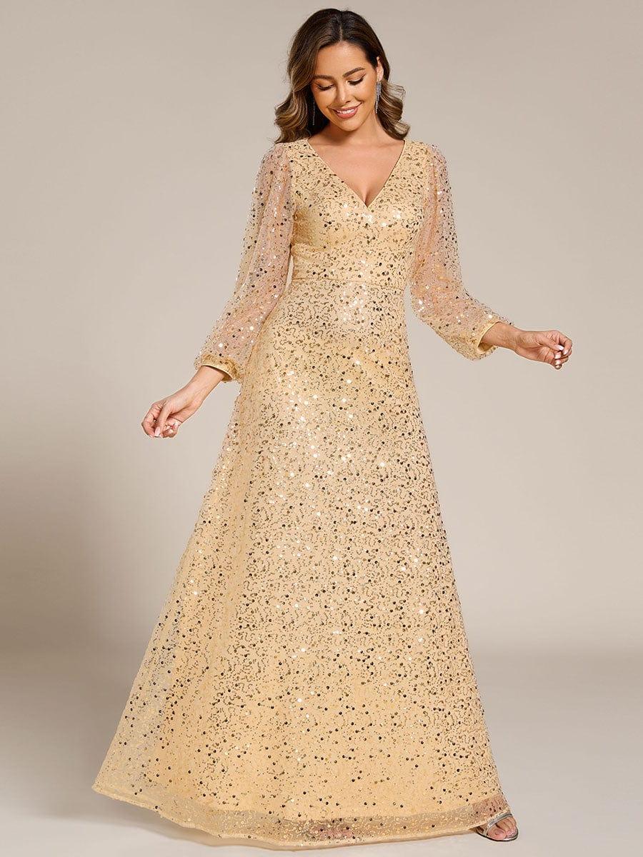 ever RAYVEN|V-Neck Lantern Long Sleeve Sequin A-Line Evening Dress